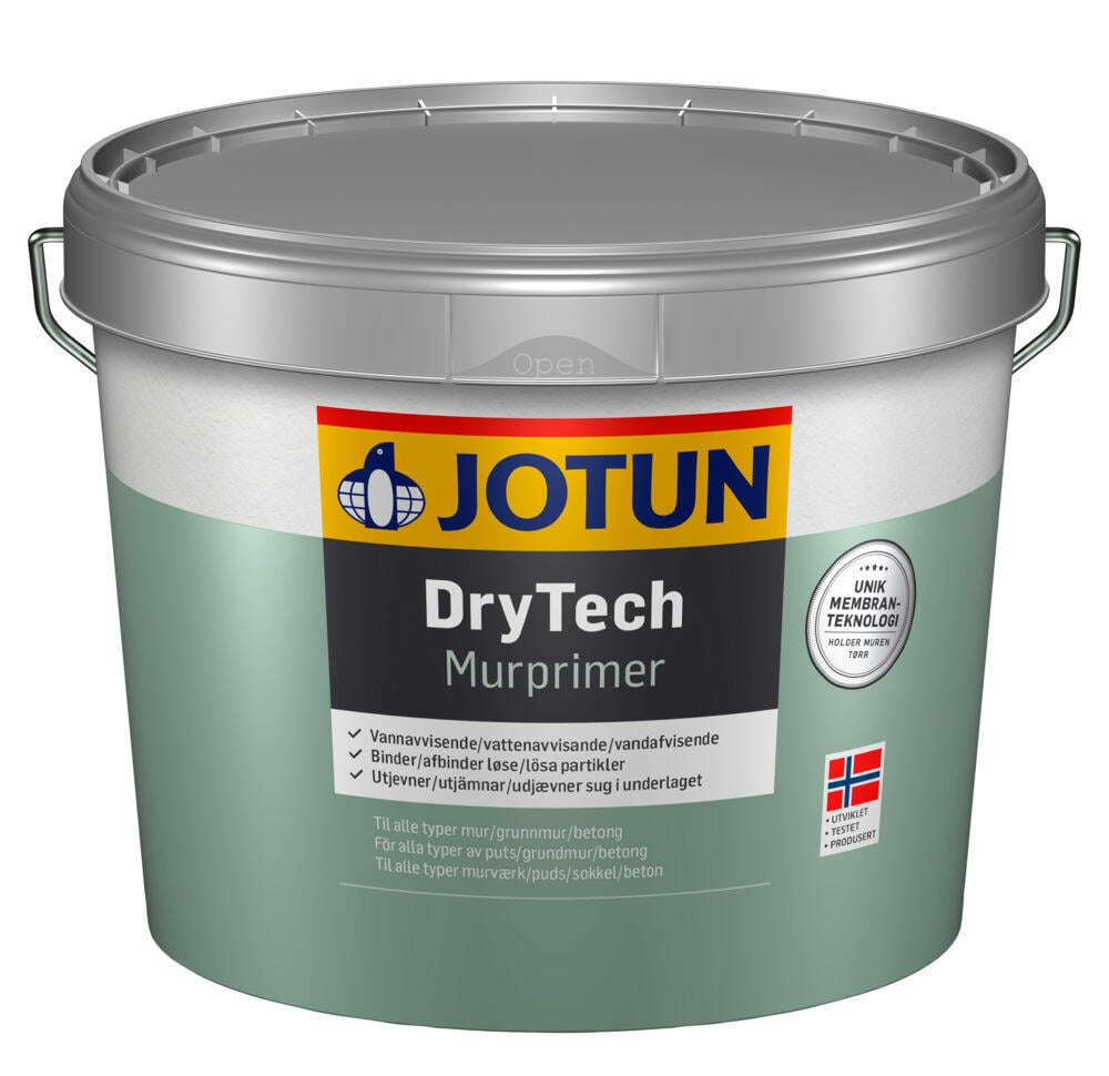 Jotun Drytech murprimer Grunning – sikrer komplett mursystem. Til alle typer mur/grunnmur/betong. Anbefalt forbruk pr. strøk: 4-8 m²/liter (glatte underlag).