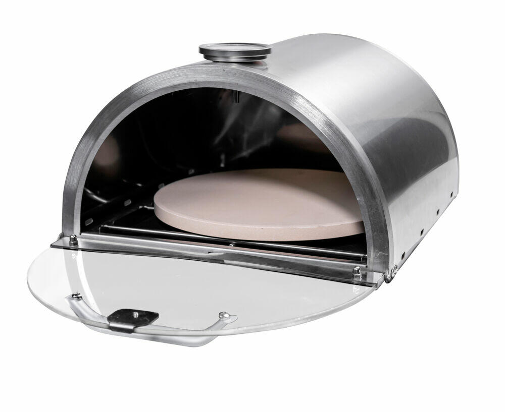 Sidekick pizzaovn Pizzaovn i stainless steel utførelse til bruk på gassgrill sidebrenner.